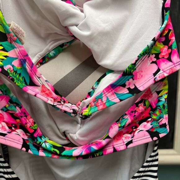 OP Pink Floral and Black Striped One Piece Swimsuit - Picture 8 of 9